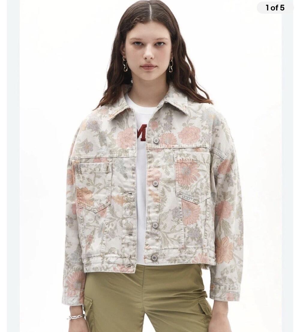 Free People We The Free Opal Swing Denim Jean Jacket Trucker Floral Biker XS